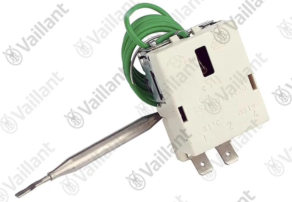 Vaillant Temperaturregler mit einem metallischen Sensor und grünen Anschlussdrähten, montiert auf einer weißen Kunststoffbasis.